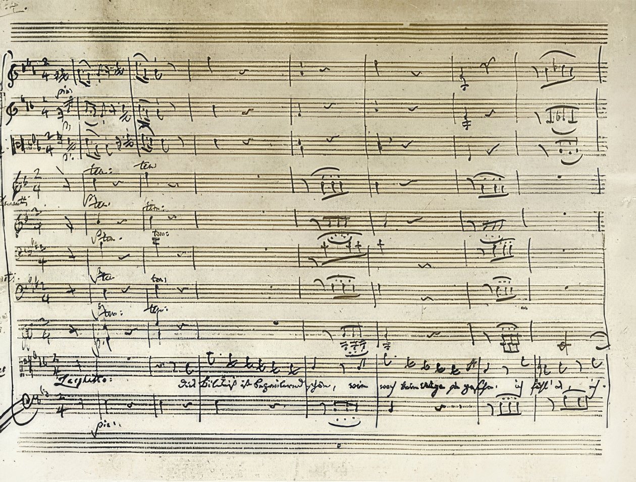 Handgeschreven begin van de portret-aria van Tamino uit Die Zauberflöte door Wolfgang Amadeus Mozart