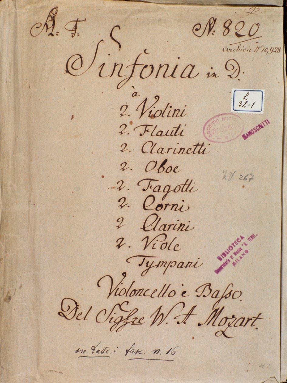 Eerste pagina van bladmuziek voor Symfonie nr. 4 in D, door Mozart door Wolfgang Amadeus Mozart