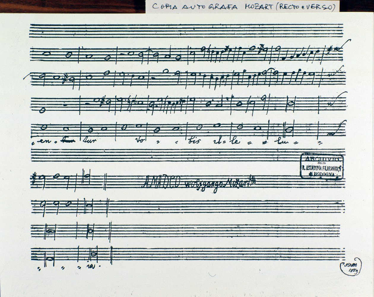 Bladmuziekpagina voor Querite primum regnum Dei door Mozart om de titel van Accademia filarmonico te verkrijgen, versie gecorrigeerd door vader Martini (1770) door Wolfgang Amadeus Mozart