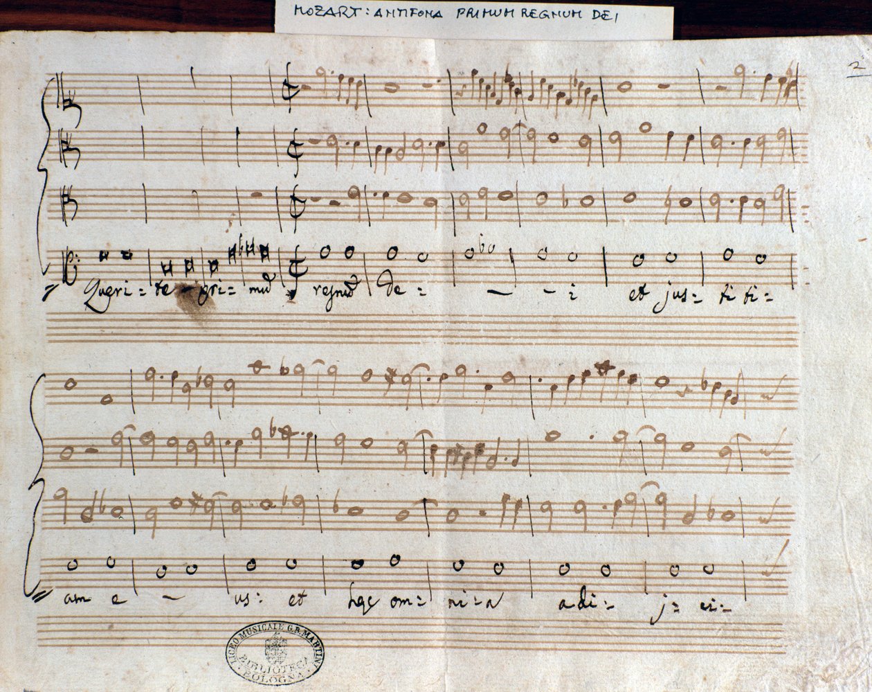 Bladmuziekpagina van Querite primum regnum Dei door Mozart om de titel van Accademico filarmonico te verkrijgen (1770) door Wolfgang Amadeus Mozart