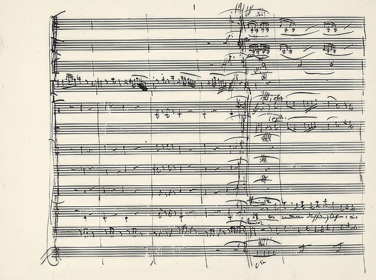 Wolfgang Amadeus Mozart (1756-1791) Oostenrijkse componist. Autograaf van het slot van de Feuermuziek en het begin van het duet van Pamina en Tamino (Wij wandelden door vuurgloed) uit Die Zauberflöte. 1791 door Wolfgang Amadeus Mozart