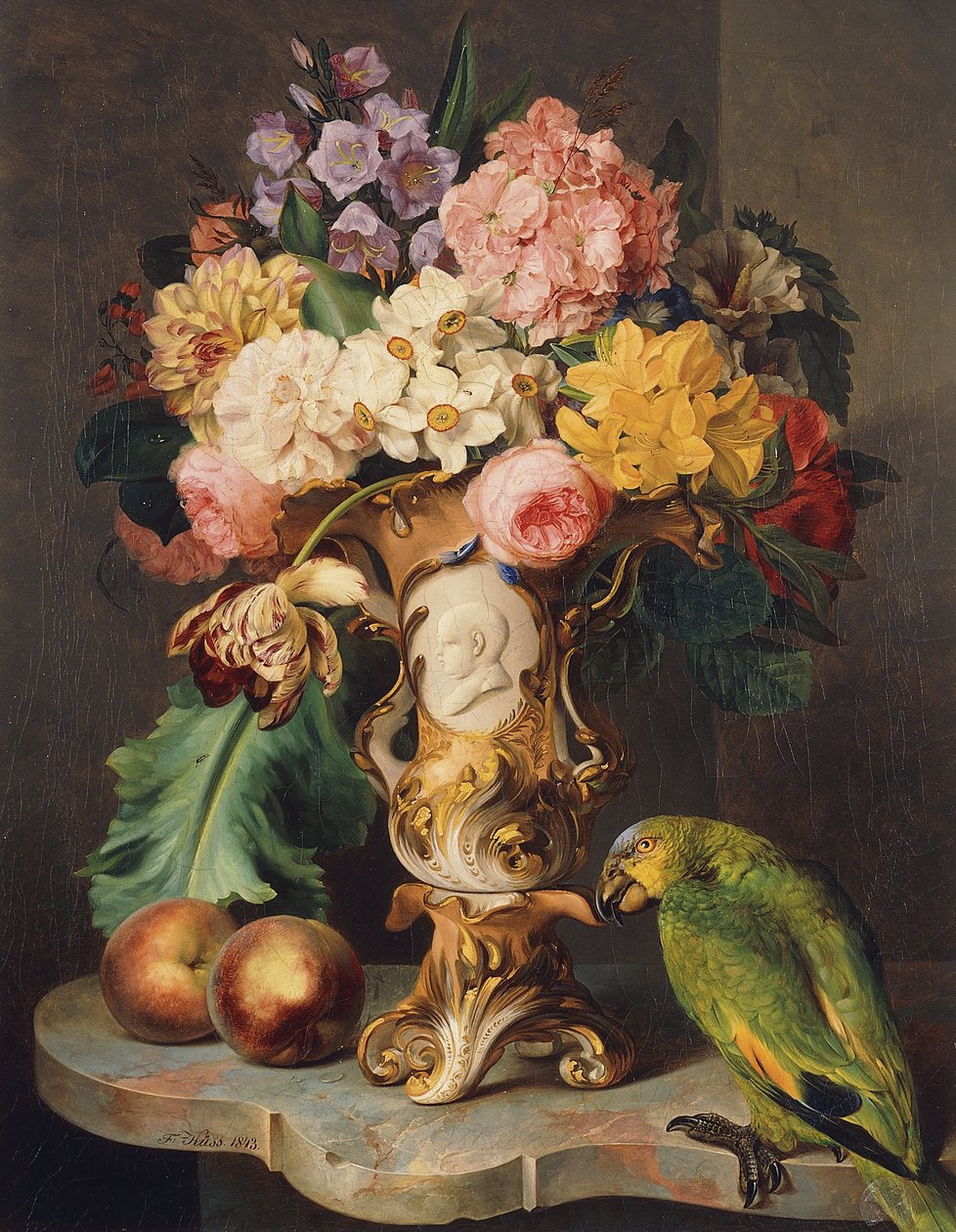 Stilleven met een vaas met diverse bloemen, perziken en een papegaai op een marmeren rand door Wolfgang Küss