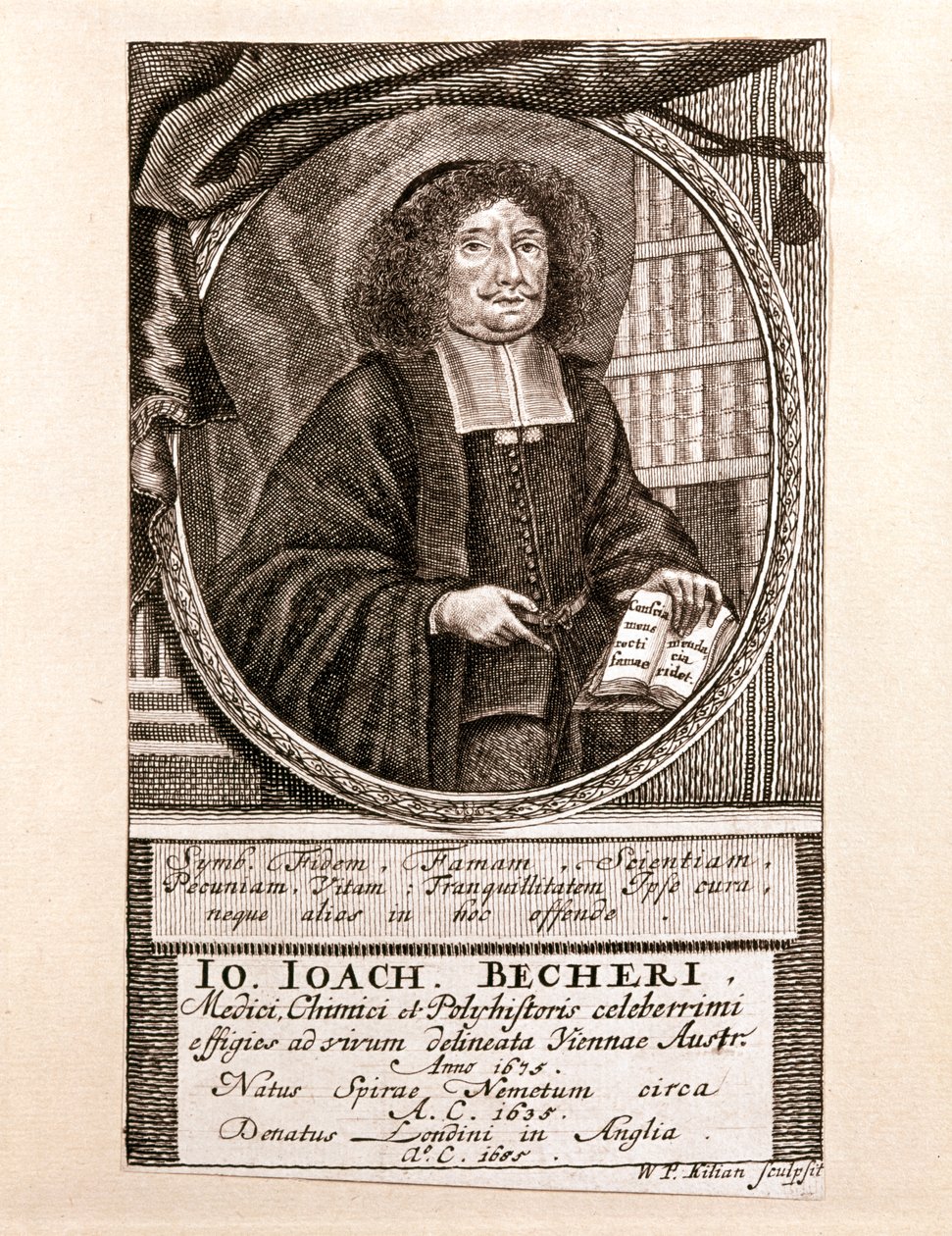 Portret van Johann Joachim Becher (gravure) door Wolfgang Philipp Kilian