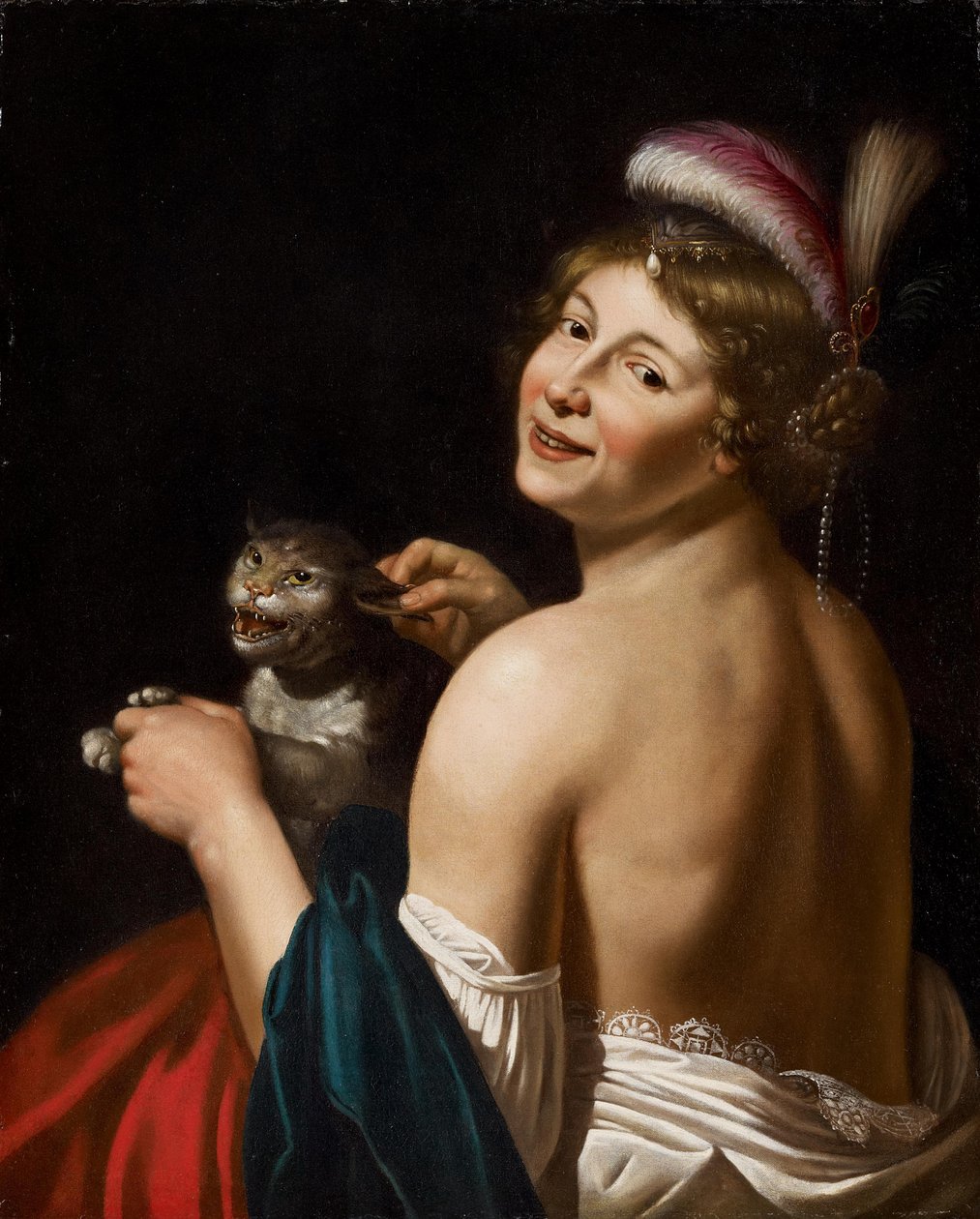 Een courtisane die aan het oor van een kat trekt door Workshop of Jan van Bijlert