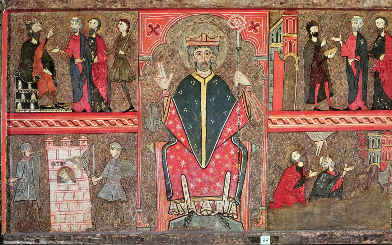 Altaarfrontaal met afbeelding van Sint Pieter zittend met kromstaf en vier scènes uit zijn leven, 1150-1200 door Workshop of Lleida