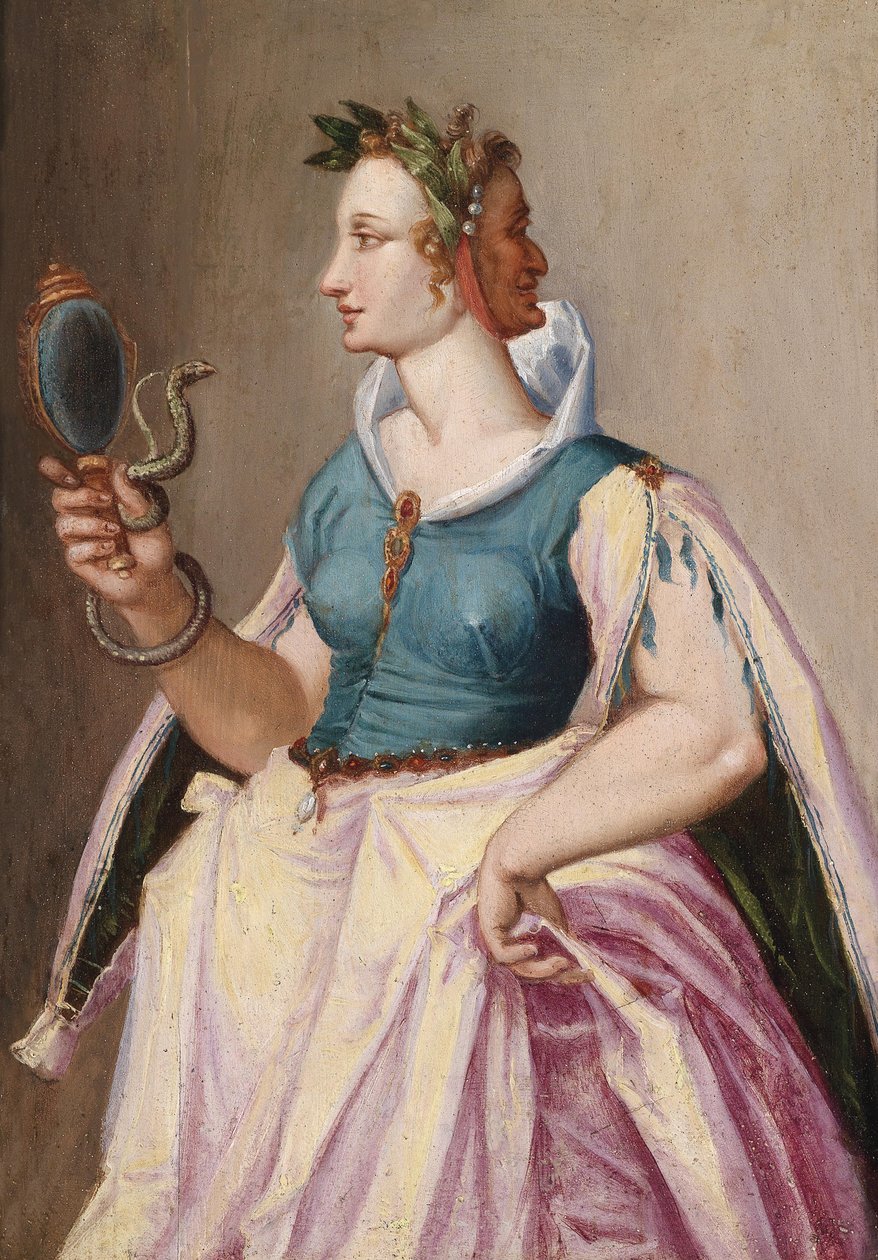 Allegorie van de ijdelheid, een vrouw met twee gezichten met een spiegel, omgeven door een slang door Peter Candid