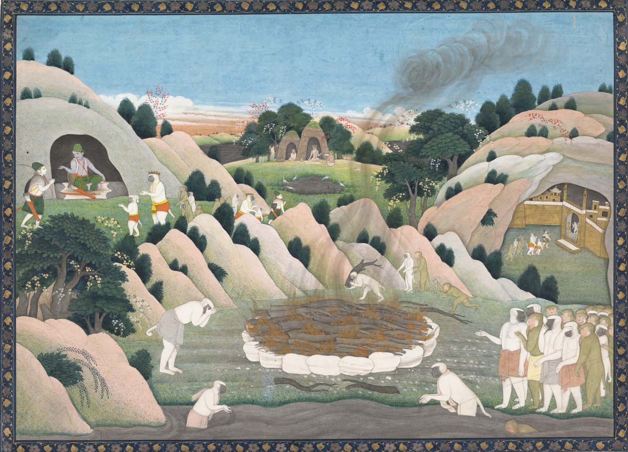 De begrafenisbrandstapel van de Apenkoning Vali: Geïllustreerd folio uit een verspreide Ramayana-serie, ca. 1780 door Workshop active in the First generation