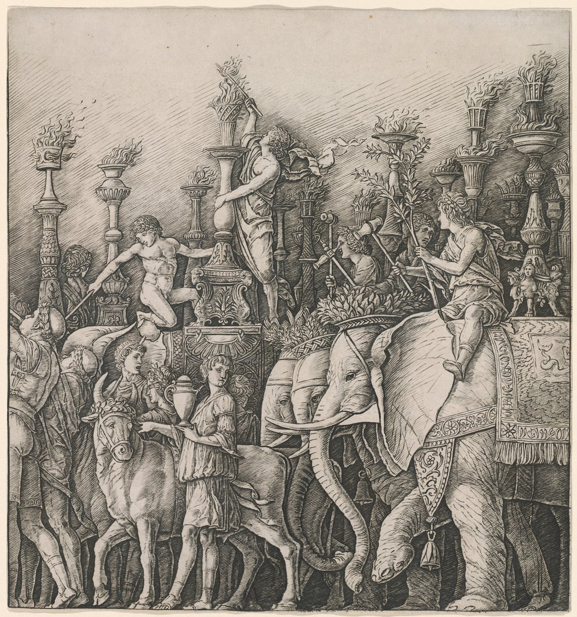 De Triomf van Caesar: De Olifanten door Workshop of Andrea Mantegna