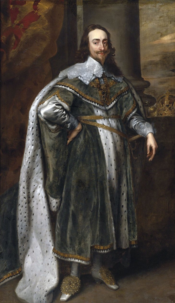 Portret van koning Karel I in zijn staatsiegewaden door Workshop of Anthony van Dyck