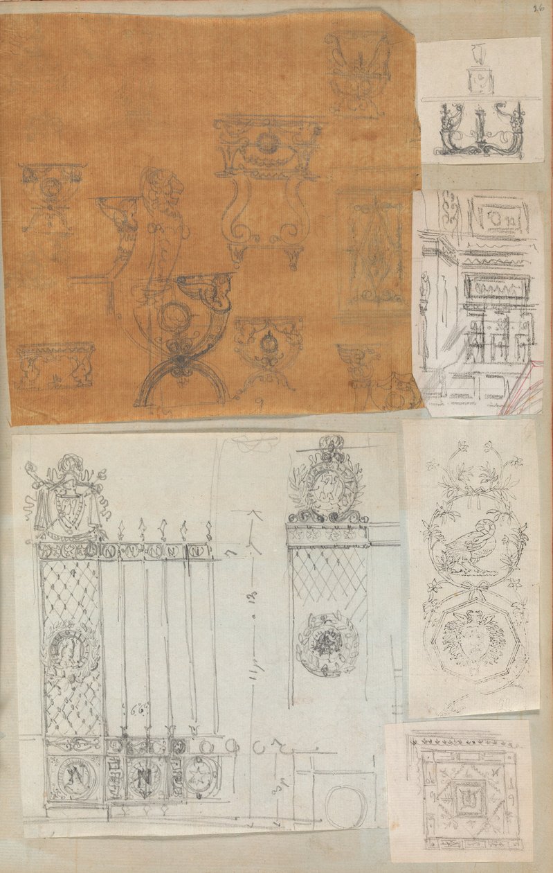 Pagina uit een plakboek met tekeningen en verschillende prenten van architectuur, ca. 1800-1850. Makers: Werkplaats van Charles Percier, Werkplaats van Pierre François Léonard Fontaine door Workshop of Charles Percier, Workshop of Pierre