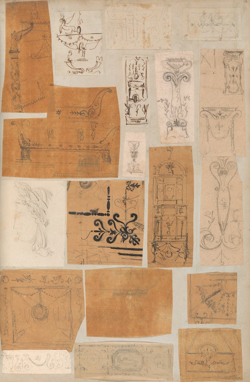 Pagina uit een plakboek met tekeningen en verschillende prenten van architectuur door Workshop of Charles Percier, Workshop of Pierre