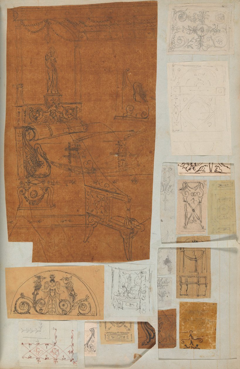 Pagina uit een Plakboek met Tekeningen en Verschillende Afdrukken van Architectuur, ca. 1800-1850. Makers: Werkplaats van Charles Percier, Werkplaats van Pierre François Léonard Fontaine door Workshop of Charles Percier, Workshop of Pierre