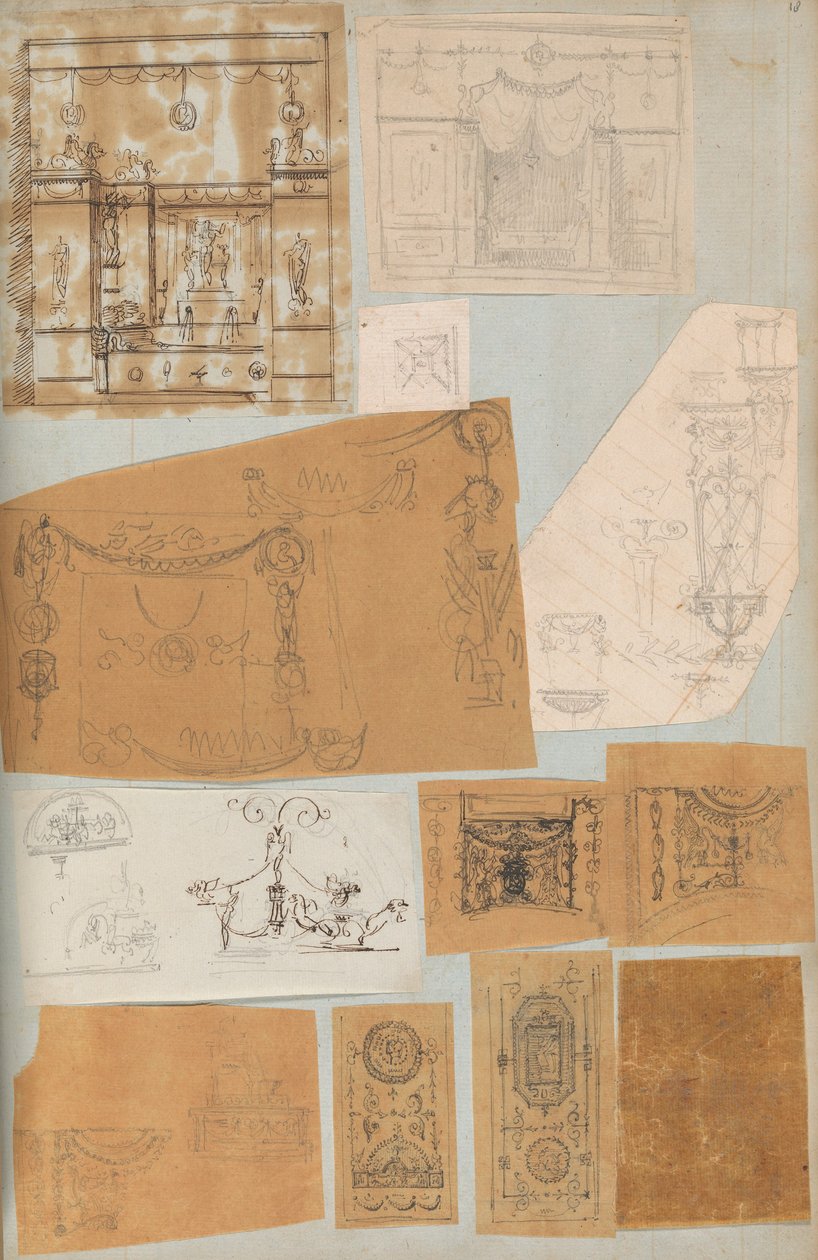 Pagina uit een plakboek met tekeningen en verschillende prenten van architectuur, ca. 1800-1850. Makers: Werkplaats van Charles Percier, Werkplaats van Pierre François Léonard Fontaine door Workshop of Charles Percier, Workshop of Pierre