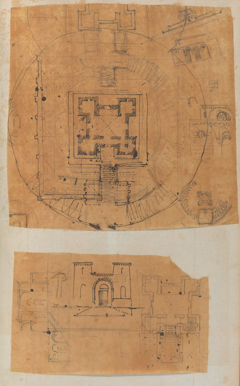 Pagina uit een plakboek met tekeningen en verschillende prenten van architectuur, ca. 1800-1850. Makers: Werkplaats van Charles Percier, Werkplaats van Pierre François Léonard Fontaine door Workshop of Charles Percier, Workshop of Pierre