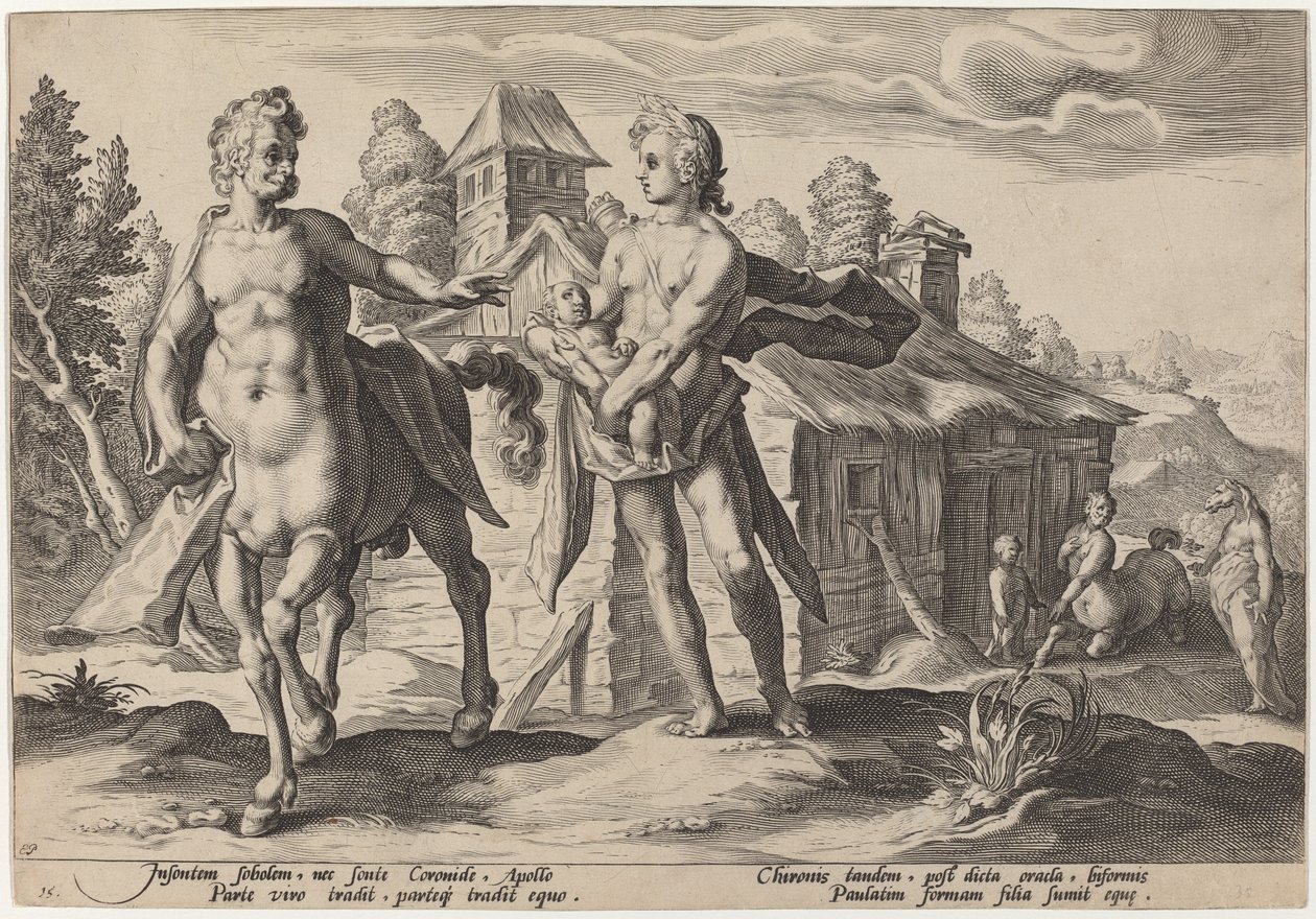 Apollo Vertrouwt Chiron de Opvoeding van Asclepius Toe door Workshop of Hendrick Goltzius, after Hendrick Goltzius
