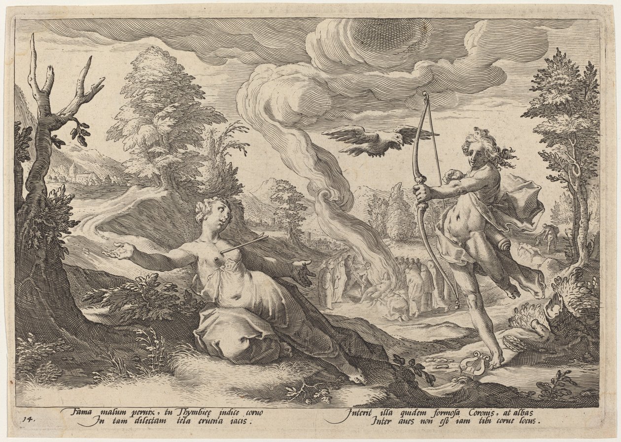 Apollo Doodt Coronis door Workshop of Hendrick Goltzius, after Hendrick Goltzius