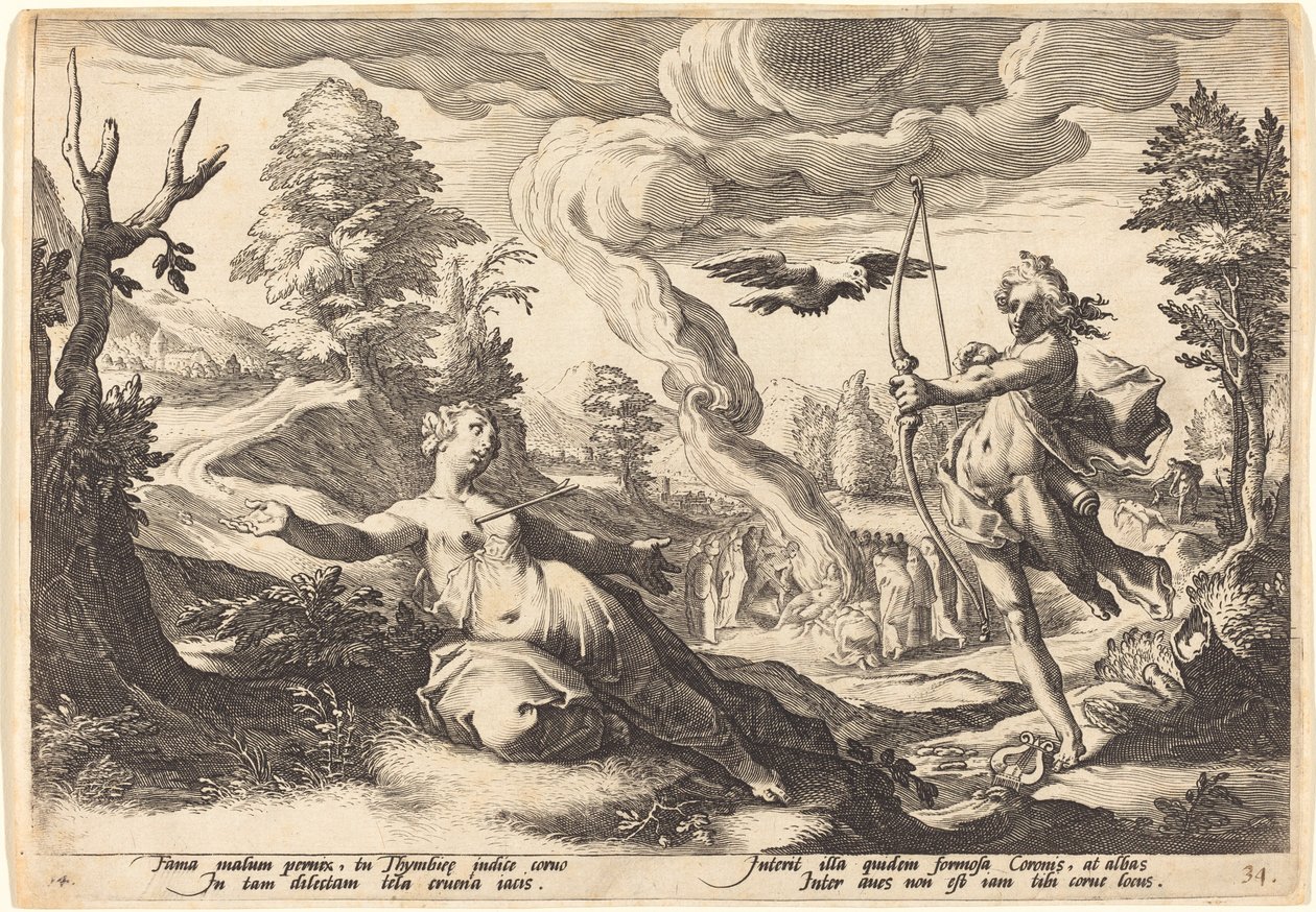 Apollo doodt Coronis door Workshop of Hendrick Goltzius, after Hendrick Goltzius