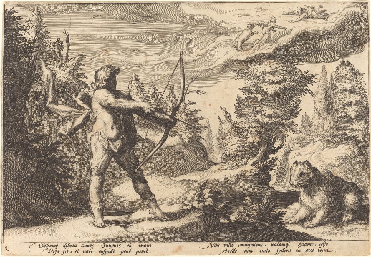 Arcas bereidt zich voor om zijn moeder te doden door Workshop of Hendrick Goltzius, after Hendrick Goltzius