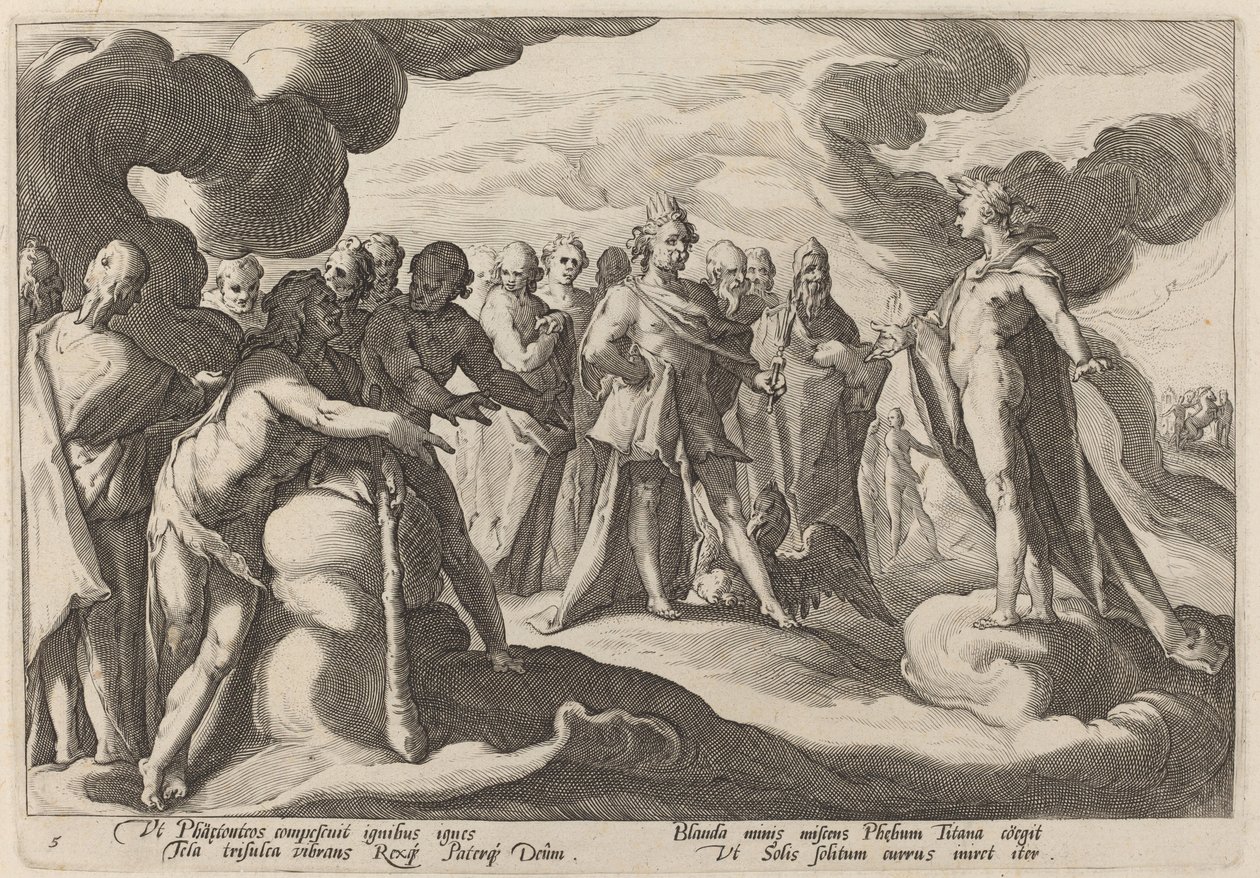 Jupiter en de Goden Vragen Helios om de Controle over de Strijdwagen te Hervatten door Workshop of Hendrick Goltzius, after Hendrick Goltzius