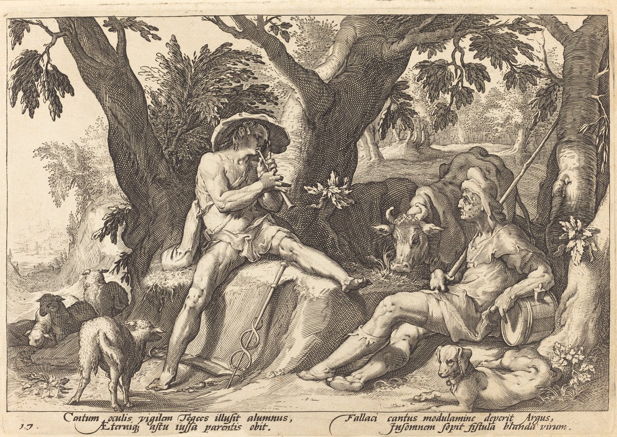Mercurius die Argus in slaap brengt door Workshop of Hendrick Goltzius, after Hendrick Goltzius