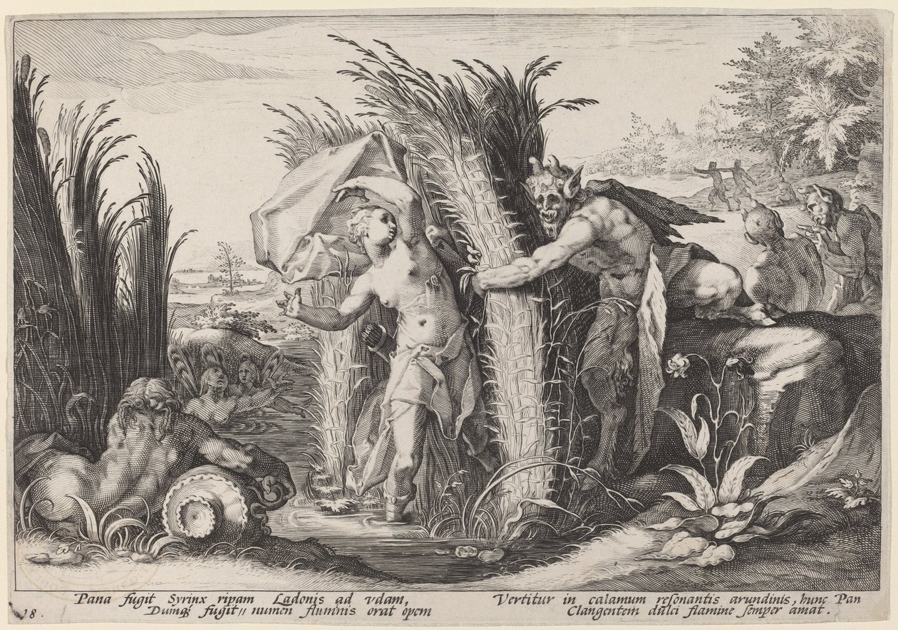Pan en Syrinx door Workshop of Hendrick Goltzius, after Hendrick Goltzius