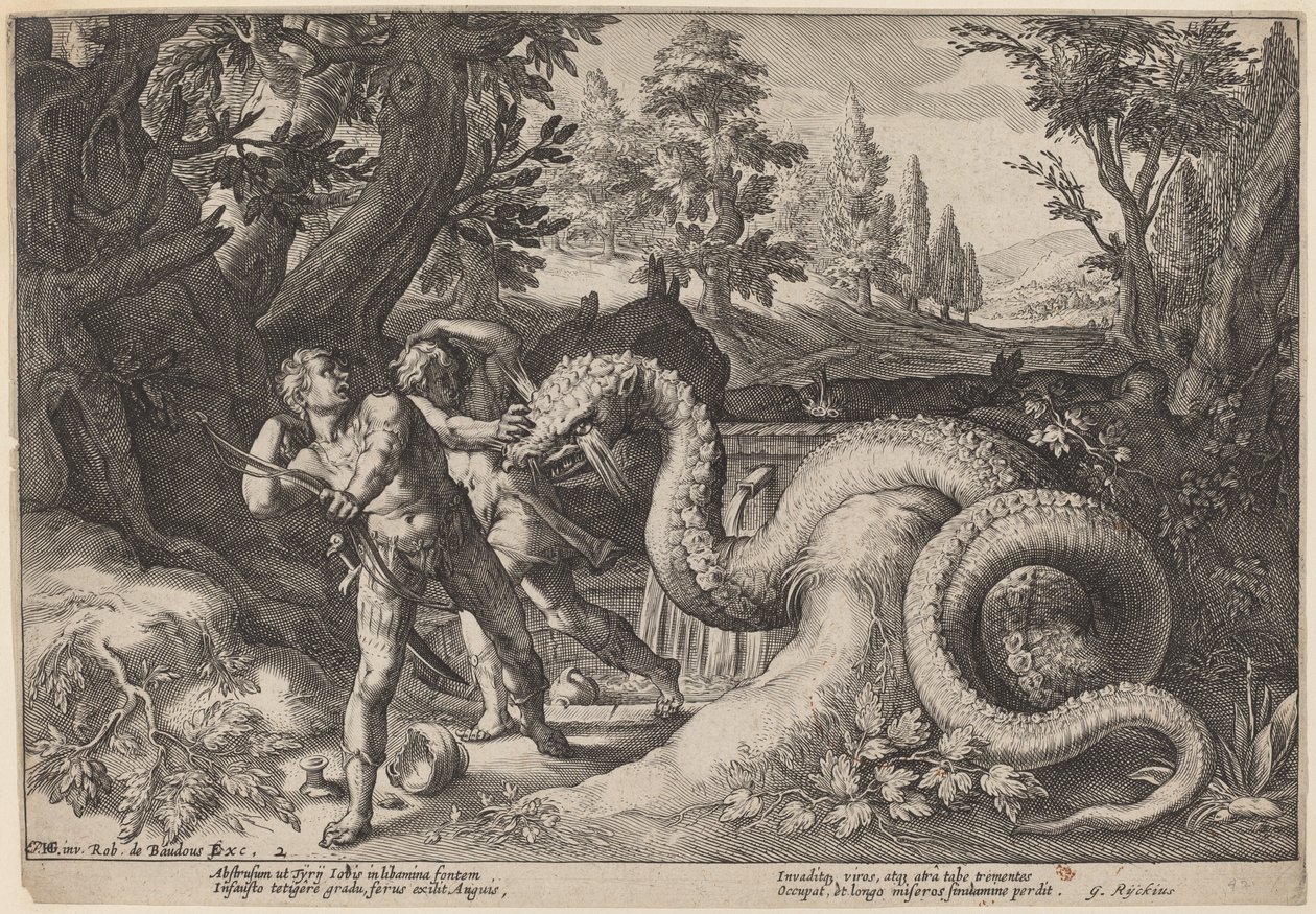 De draak die de metgezellen van Cadmus verslindt door Workshop of Hendrick Goltzius, after Hendrick Goltzius