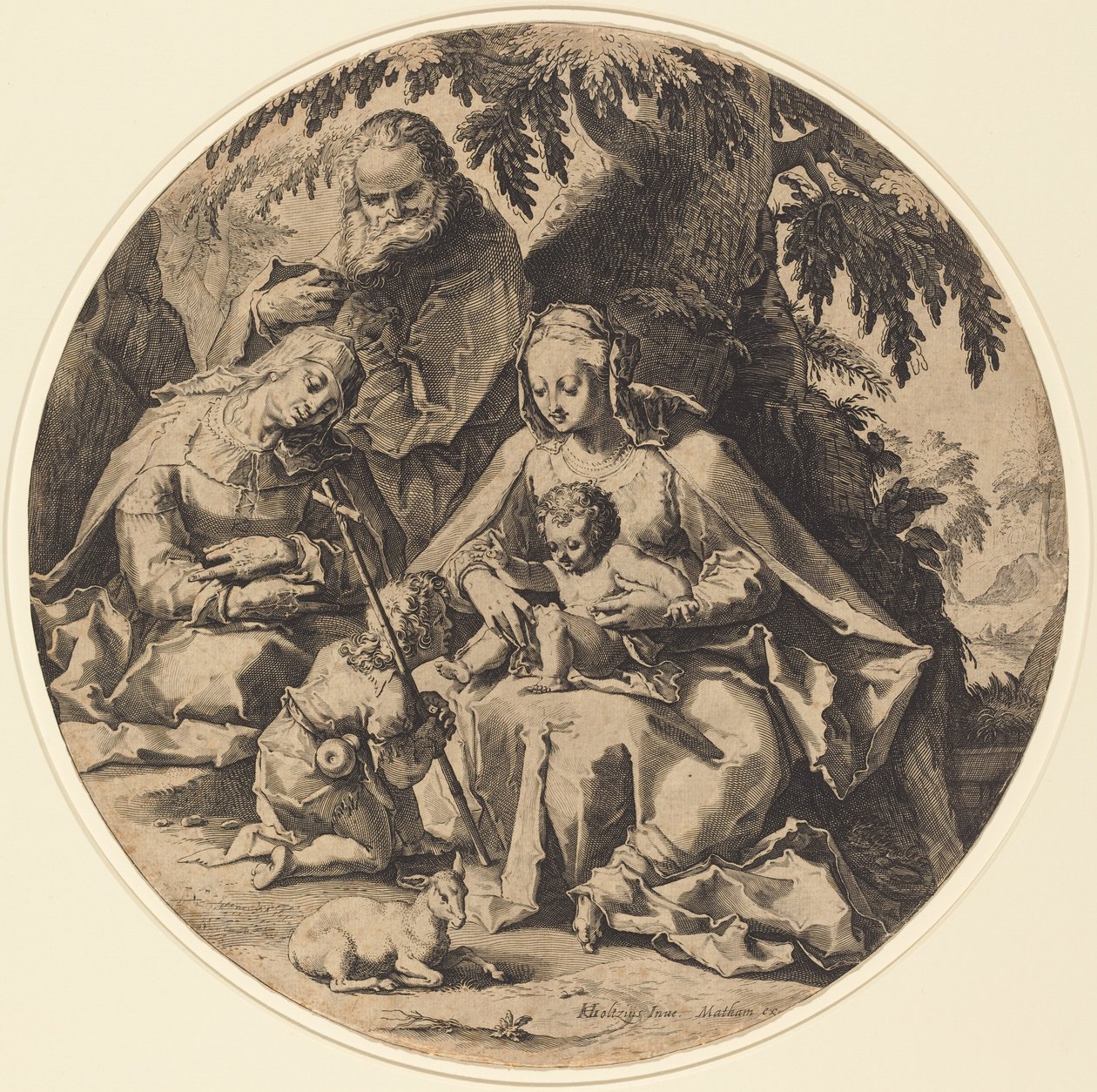 De Heilige Familie met Sint-Elizabeth en Sint-Jan de Doper door Workshop of Jacob Matham, after Hendrik Goltzius