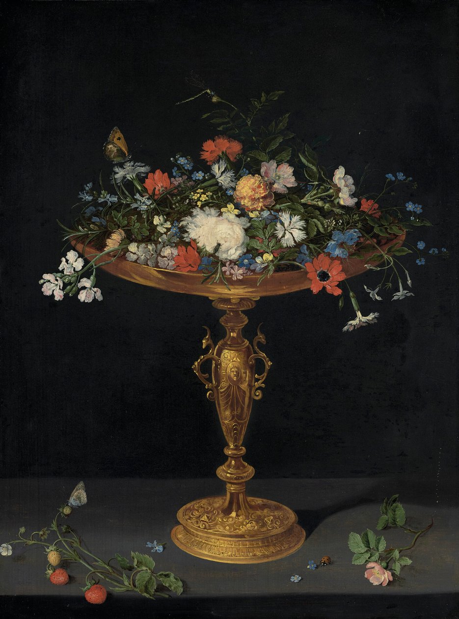 Bloemen in een tazza op een richel door Workshop of Jan Brueghel the Elder