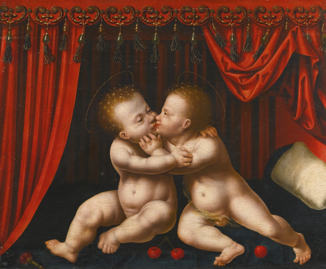 Nederlands: Christus en Johannes de Doper als kinderen De zuigelingen Christus en Johannes de Doper omhelzend door Workshop of Joos van Cleve