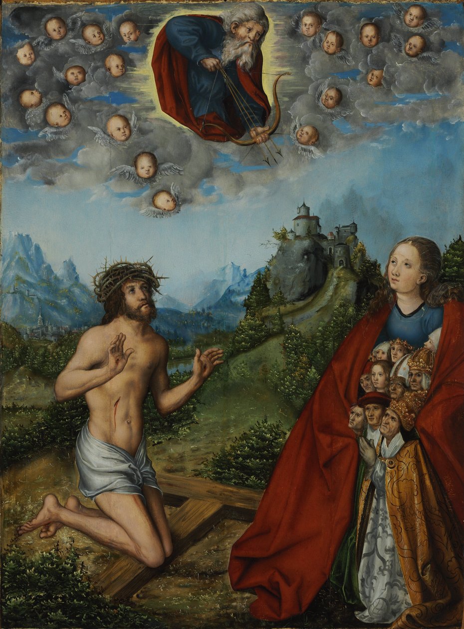 Dubbele voorbede: Christus en de Maagd doen voorbede voor de mensheid bij God de Vader door workshop of Lucas Cranach the Elder