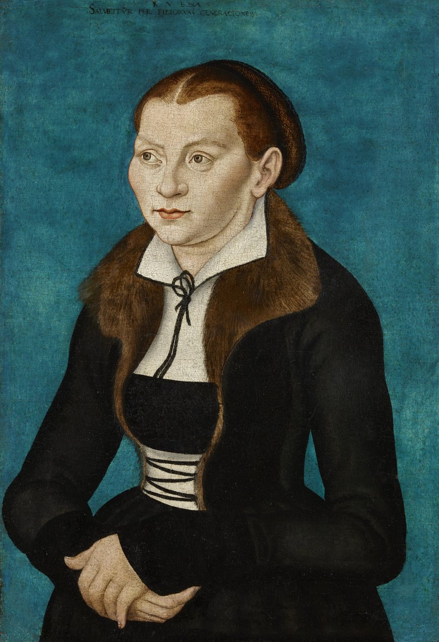 Duits: Katharina von Bora als halve figuur links Katharina van Bora door workshop of Lucas Cranach the Elder