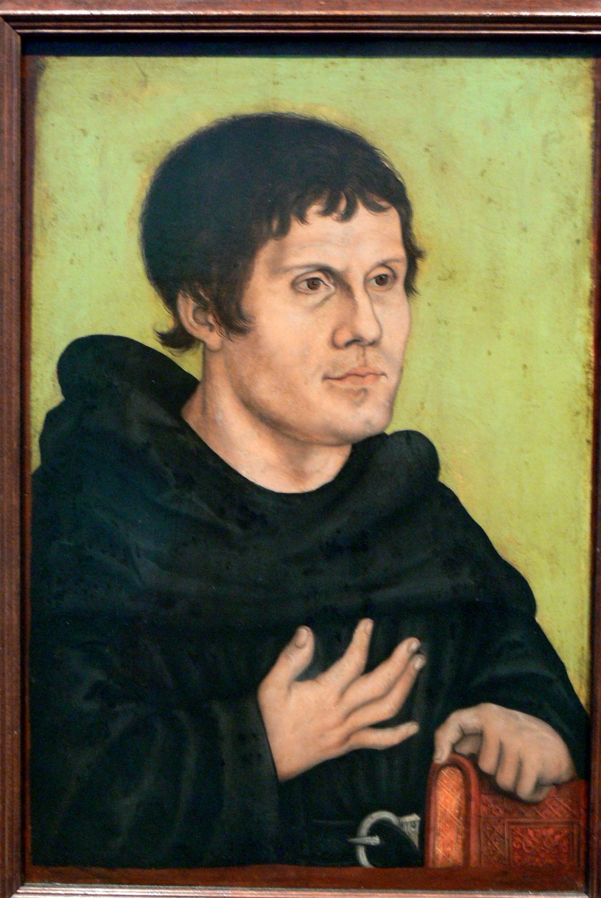 Duits: Posthumes Bildnis Martin Luthers (1483-1546) als Augustinermönch Postuum portret van Maarten Luther als Augustijner monnik door workshop of Lucas Cranach the Elder