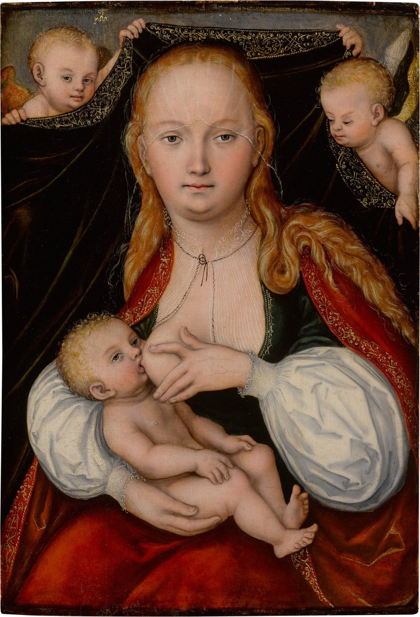 Madonna en kind met engelen door workshop of Lucas Cranach the Elder