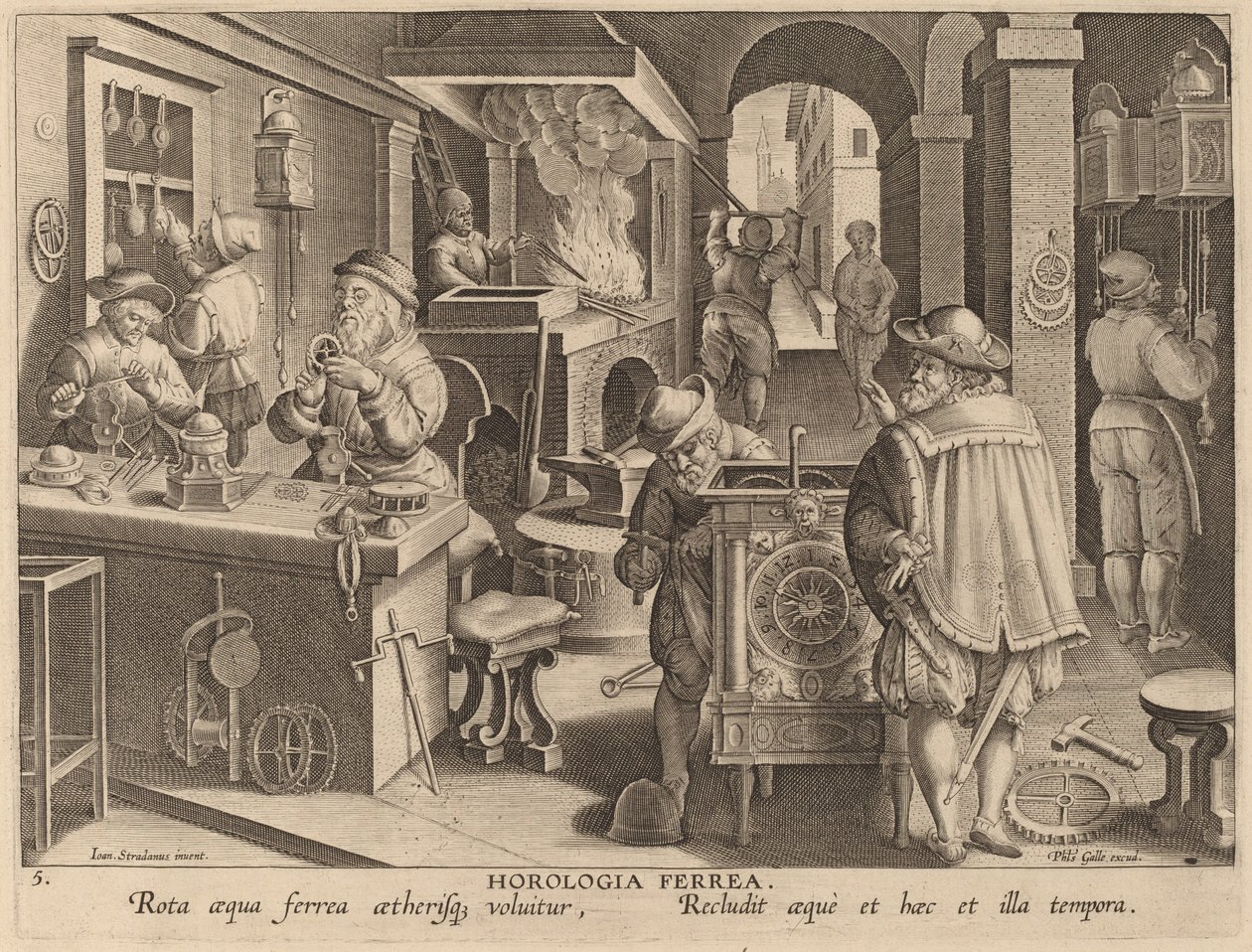 Horologia Ferrea (IJzeren Klokken) door Workshop of Philip Galle after Jan van der Straet