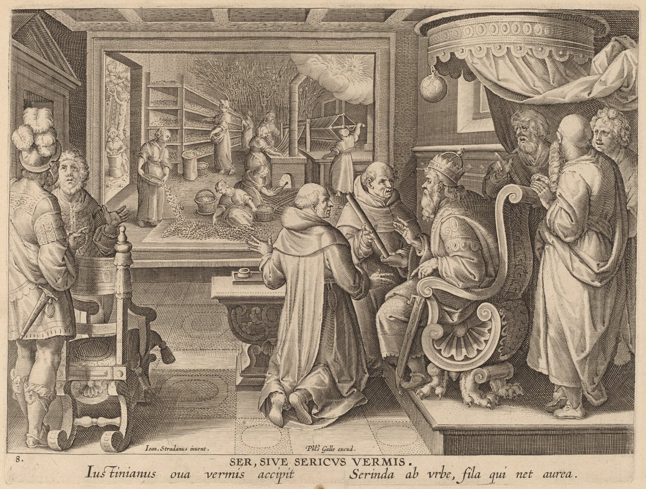 Ser, Sive Sericus Vermis (Zijde, of de Zijderups) door Workshop of Philip Galle after Jan van der Straet