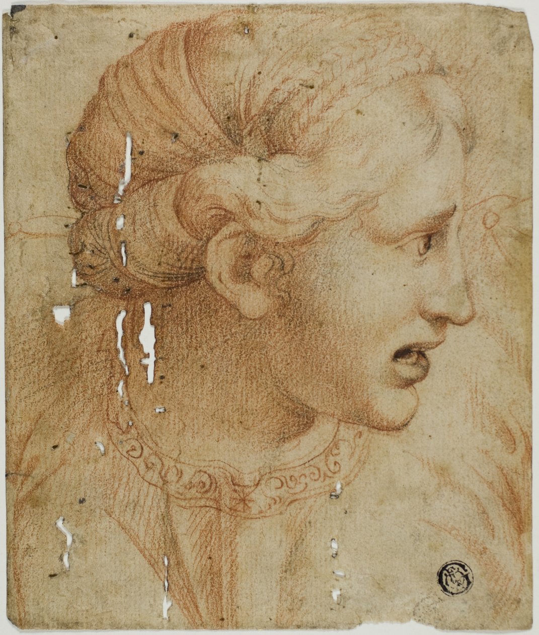 Vrouwelijk hoofd in profiel, naar rechts kijkend door Workshop of Raphael