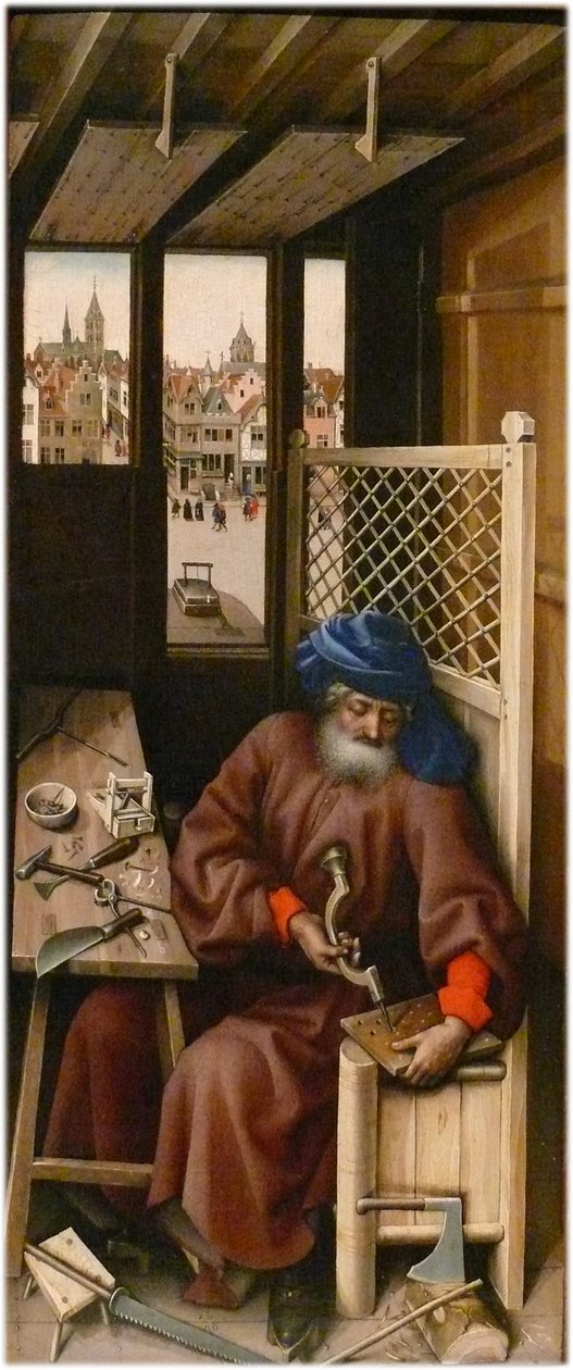 Annunciatie Alternatieve titel(s):   Mérode altaarstuk
rechterpaneel: Sint Jozef als timmerman door Workshop of Robert Campin
