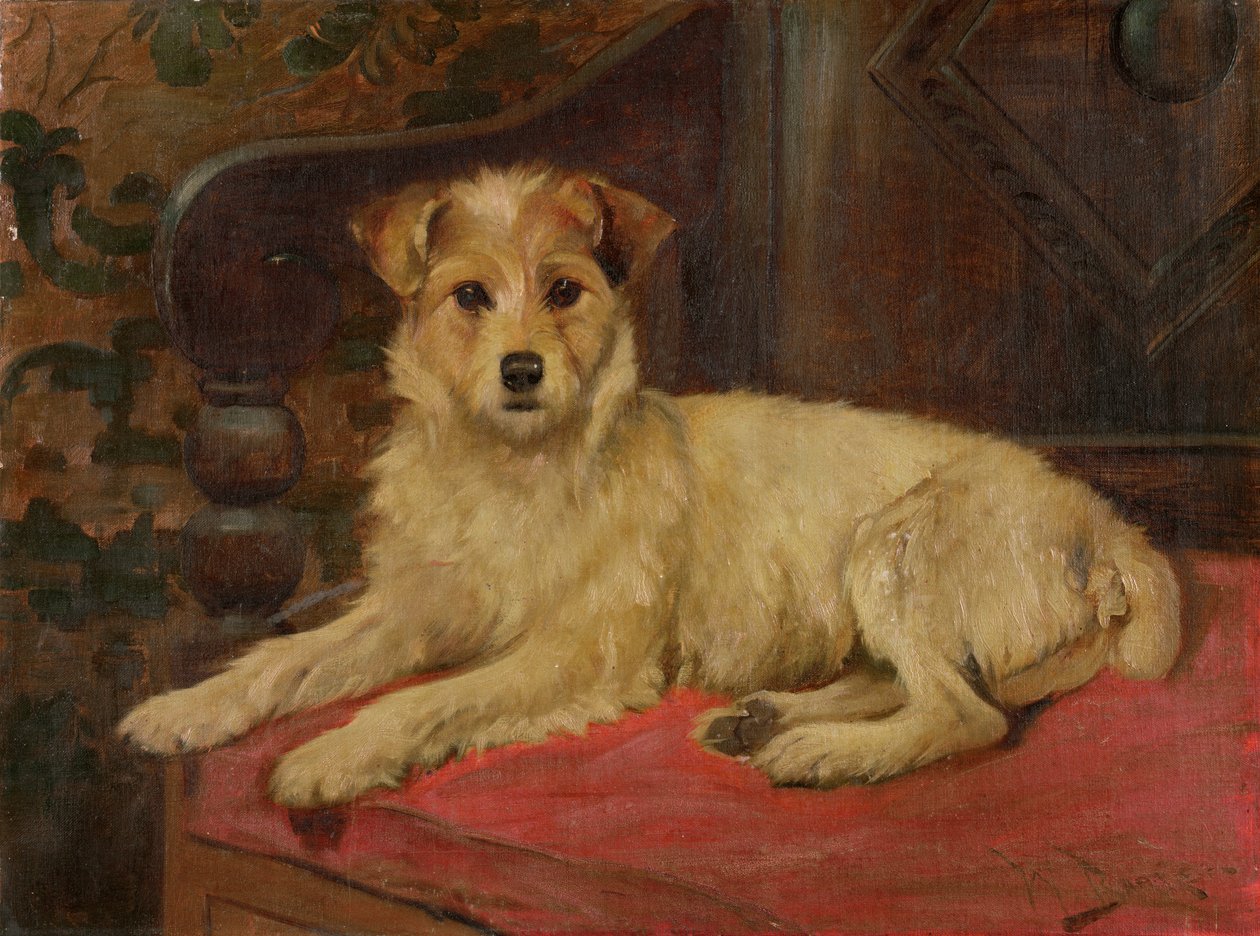 Een terriër op een sofa door Wright Barker