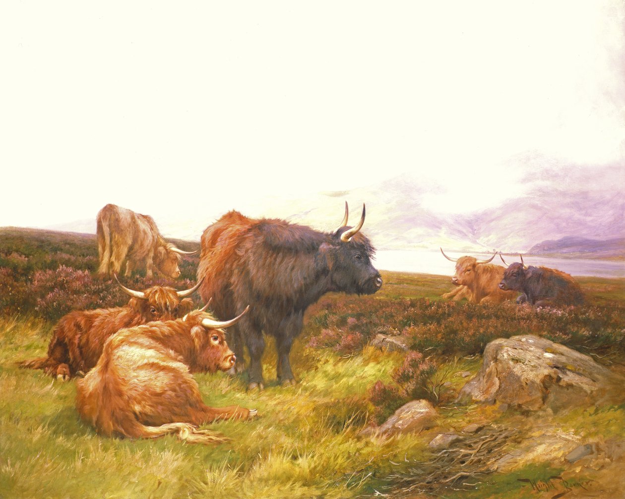 Hooglanders bij een meer door Wright Barker
