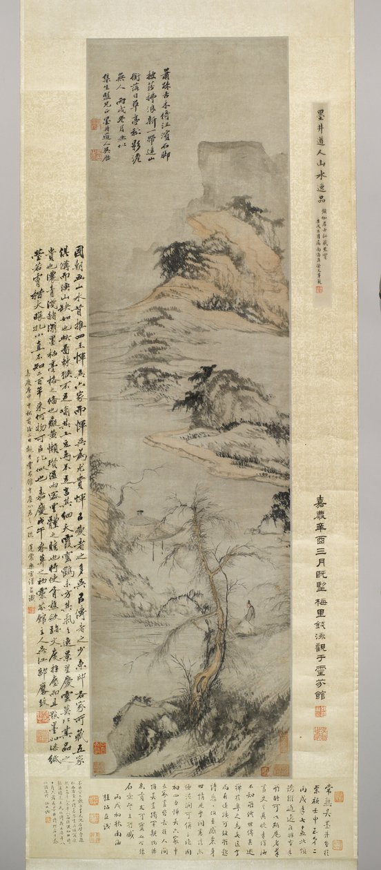 Een oude man die langs een stroom loopt, met verre bergen, 1706 door Wu Li