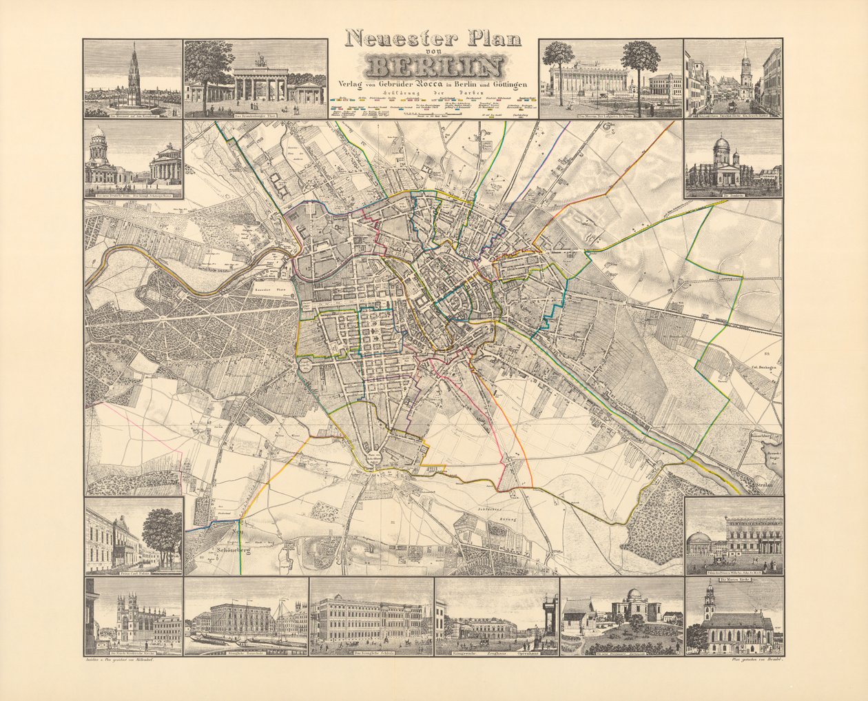 Historische kaart van Berlijn, uitgegeven door Verlag von Gebrueder Rocca, Berlijn 1838 door W.v. Moellendorf