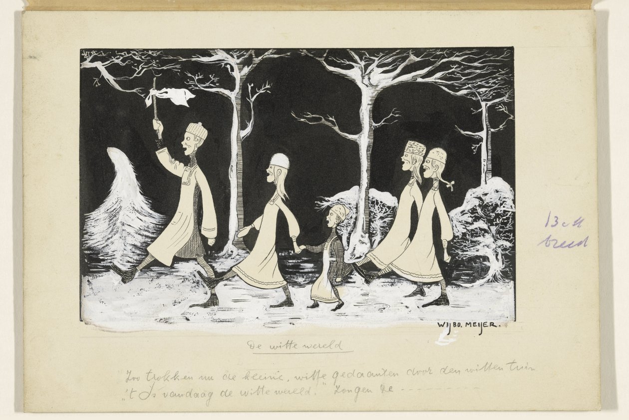 Henk, Anne, Hans, Noor en Elly marcheren door de sneeuw door Wybo Meijer (signed by artist)