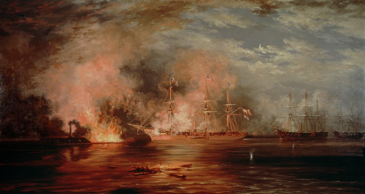 Farragut passeert de Forten onder New Orleans, 1862 door Xanthus Russell Smith