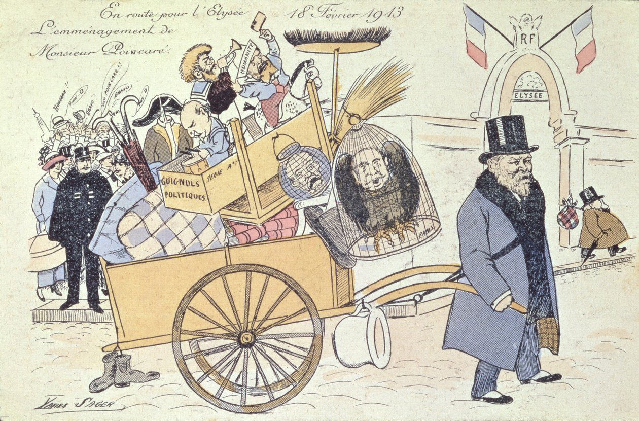 Karikatuur van Raymond Poincaré (1860-1934) verhuist naar het Élysée-paleis, februari 1913 door Xavier Sager