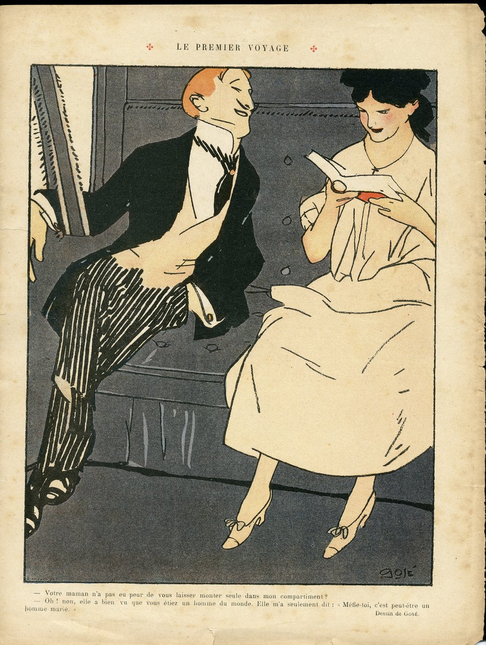 Illustratie van Xavier Gose (1876-1915) in Le Lire, 27/08/10 - De Eerste Reis - Spoorwegtrein, Mannenmode, Overspel door Xavier Gose