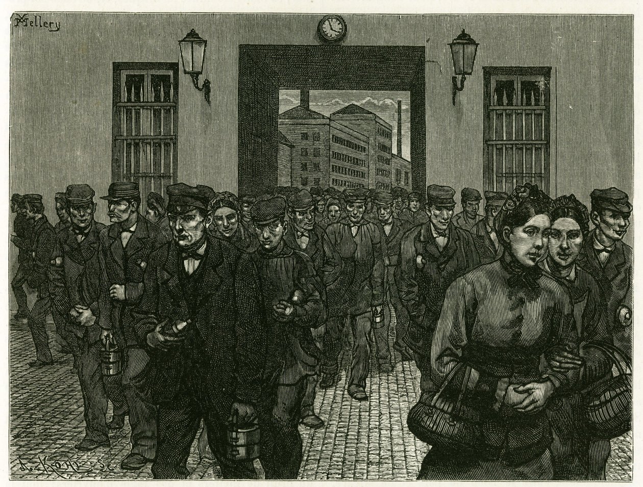 Een fabrieksuitgang in Gent. Gravure door X. Mellery, naar de natuur, ter illustratie van het verhaal 
