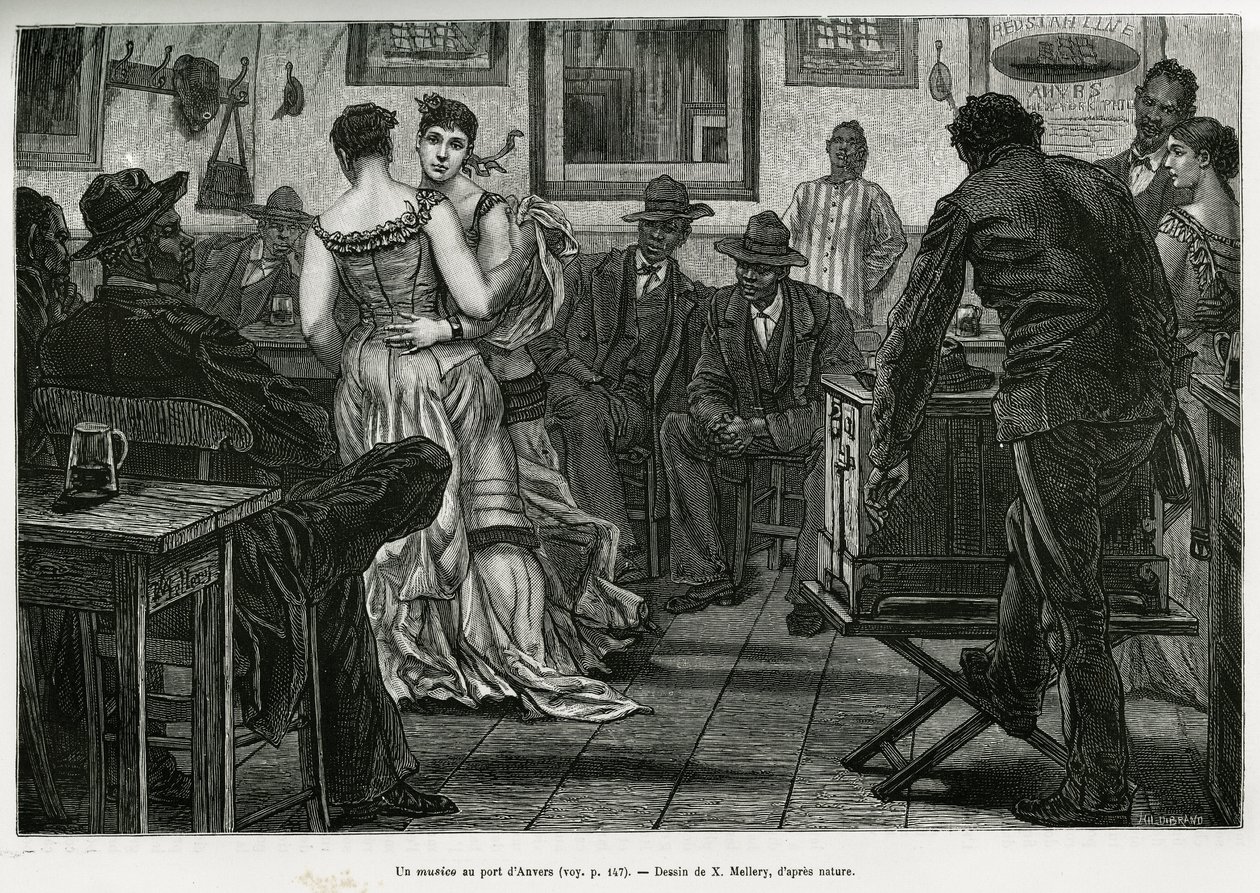 Een muzikant in de haven van Antwerpen, waar zeelieden kunnen drinken en dansen op het geluid van het prikkelende orgel. Gravure door X. Mellery, ter illustratie van het verhaal van België, door Camille Lemonnier, gepubliceerd in Le tour du monde, uitgegev door Xavier Mellery