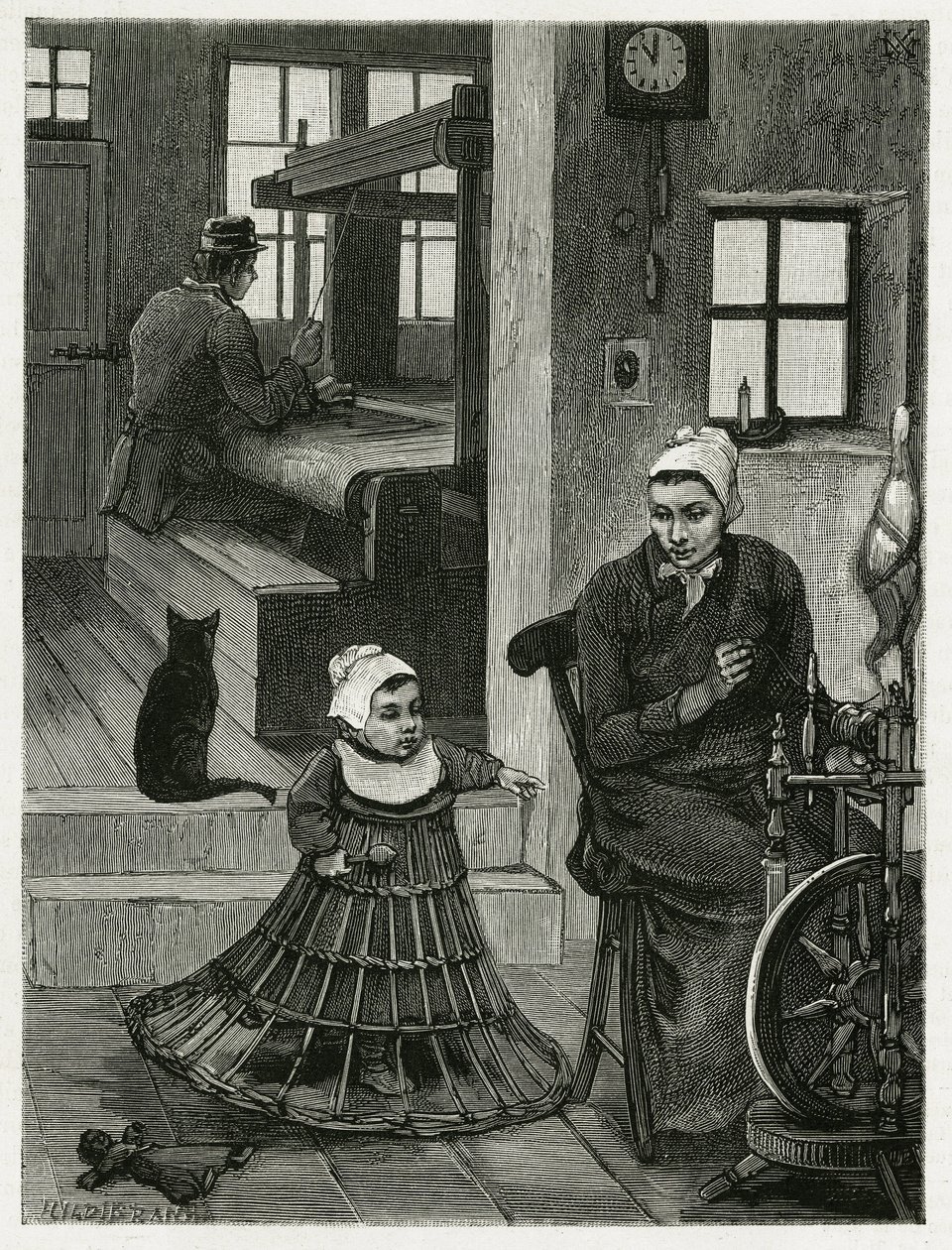 Interieur van de woning en weverswerkplaats, met de wever en het wiel, evenals een kind met een rieten rok die hem helpt zijn eerste stappen te zetten. Gravure door X. Mellery, ter illustratie van het verhaal 