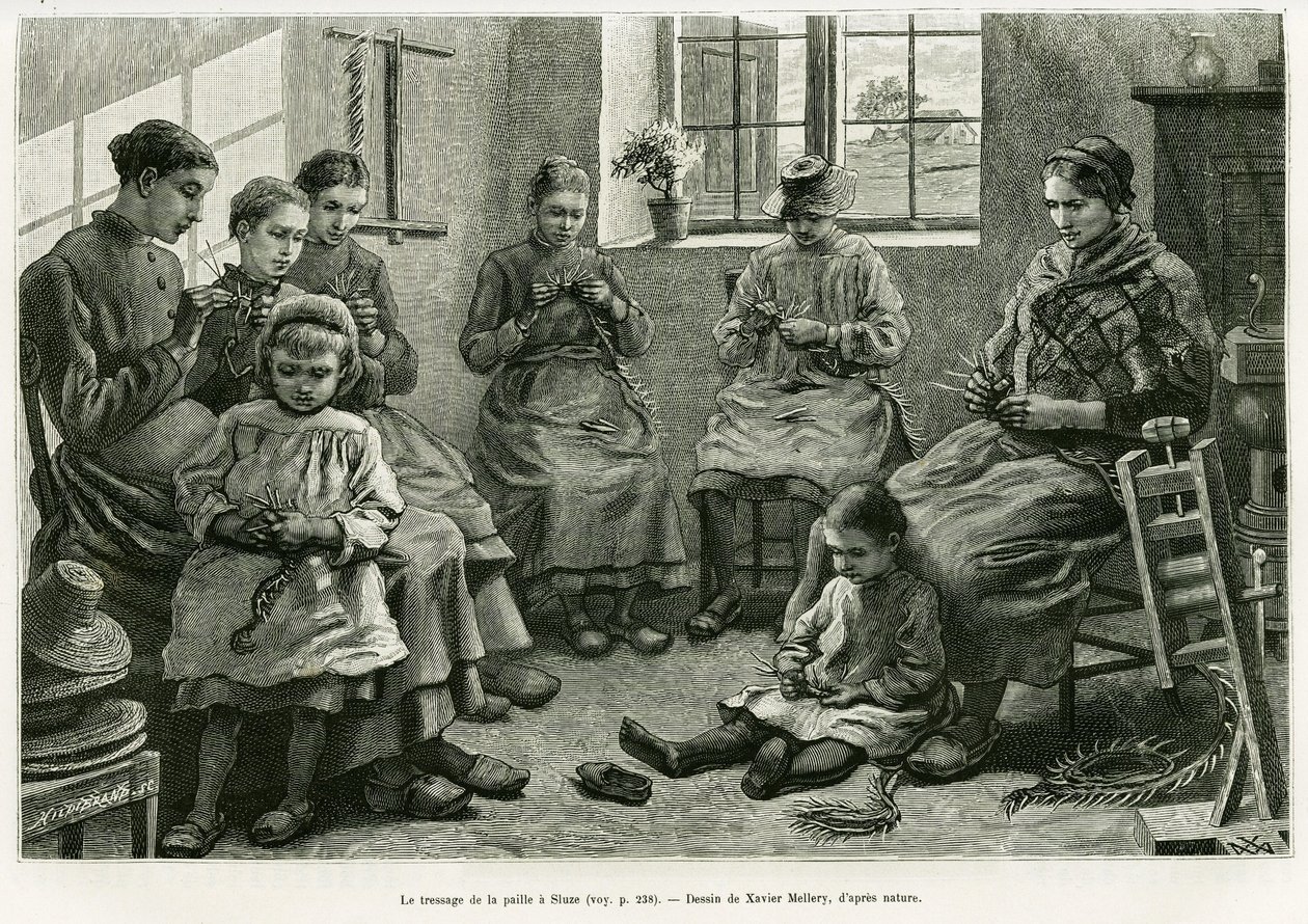 Het vlechten van stro in Sluze. Gravure door Xavier Mellery ter illustratie van het verhaal 