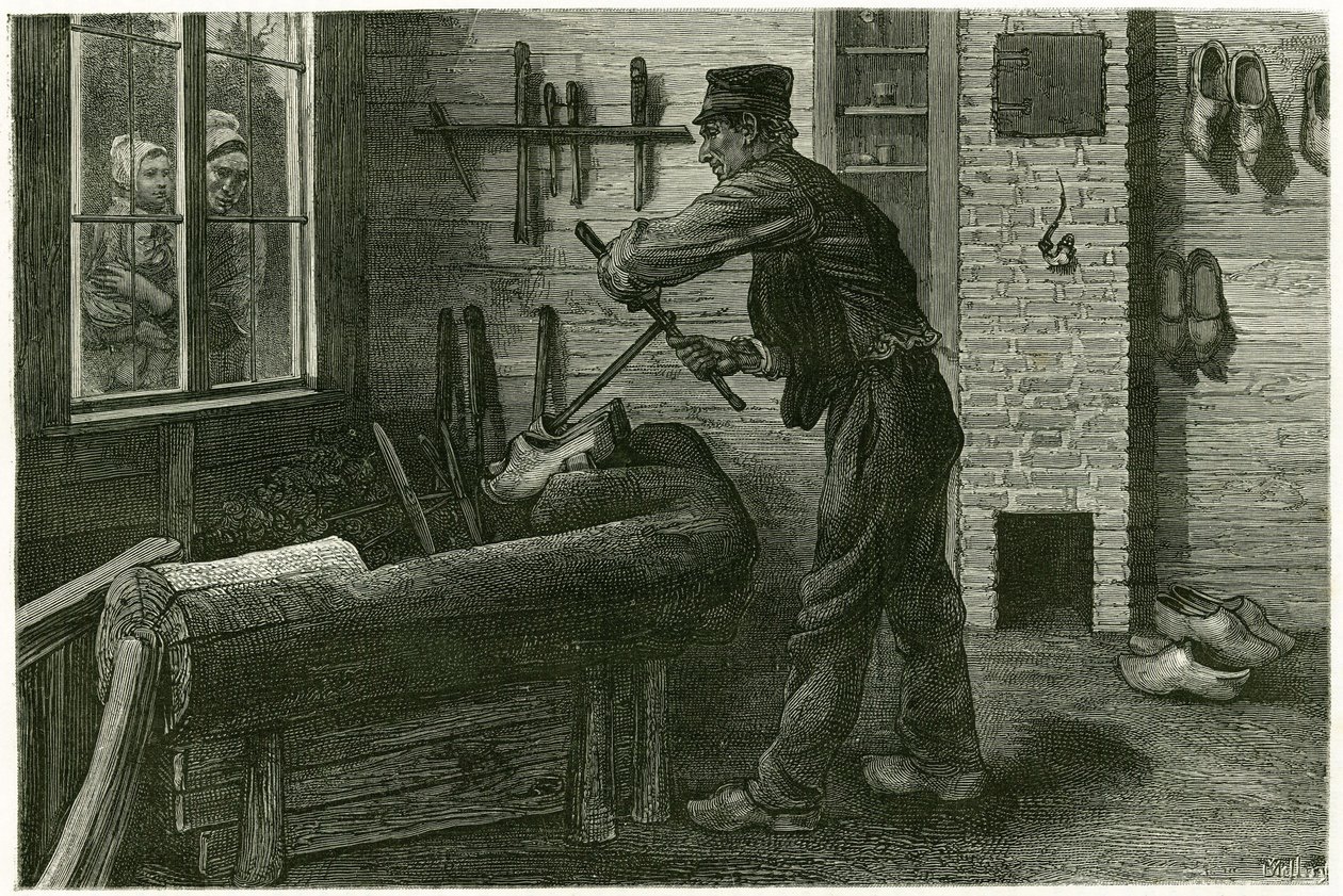 De saboteur van Terneuzen, heeft zijn vestiging, vergroot en graaft het hout met behulp van cramms. Gravure door X. Mellery, naar de natuur, ter illustratie van het verhaal 